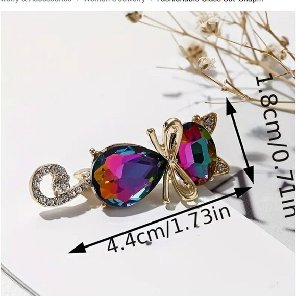 Colorful Watermelon Rhinestone Cat Brooch Pin Gold Tone - Picture 2 of 2